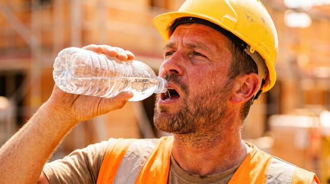 Construction worker drinking water from plastic bottle on site. Sweaty man in hardhat suffering from extreme heat and dehydration during summer manual labor