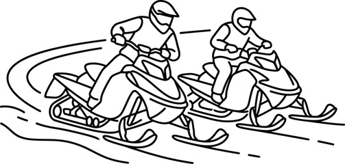 Obraz premium Two people riding snowmobiles on snowy winter landscape.