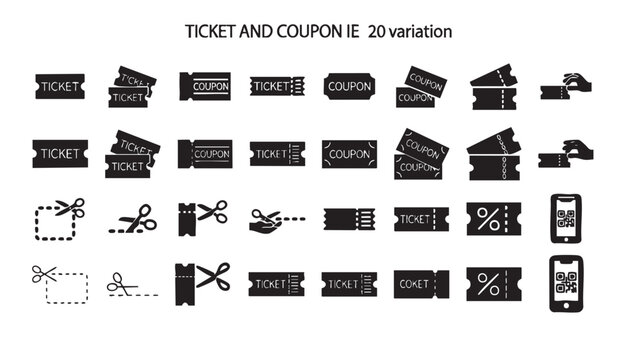 Collection of ticket and coupon with twenty different variations voucher