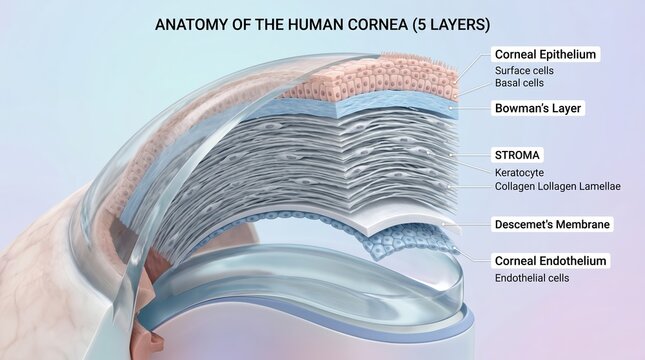 3D medical diagram of the human cornea anatomy. Cross section showing the five structural layers with labels. Ophthalmology educational graphic