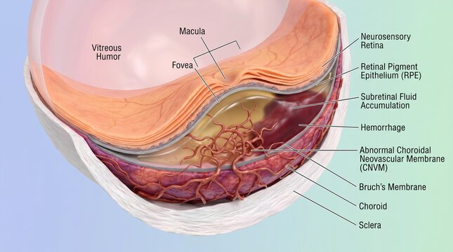Anatomical diagram of wet age related macular degeneration. 3D medical illustration of wet AMD with neovascularization and hemorrhage