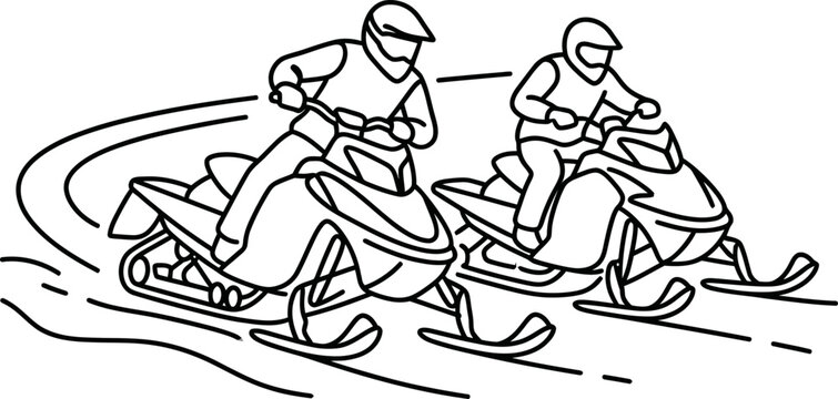 Two people riding snowmobiles on snowy winter landscape.