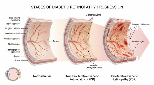 Medical diagram showing stages of diabetic retinopathy progression. Cross section of normal retina compared with non proliferative and proliferative stages. Ophthalmology education infographic