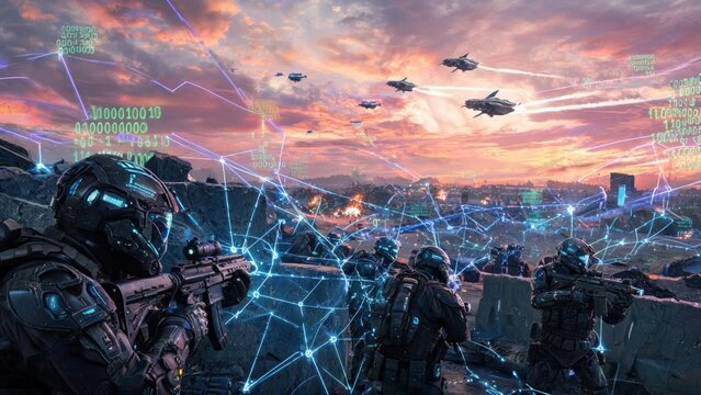 Soldiers in futuristic combat with drones