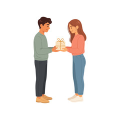 Fototapeta premium A young man and woman standing and holding a gift box together, romantic couple sharing a present, flat on white background