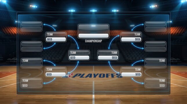 Digital Basketball Playoff Bracket Displayed on Arena Court.