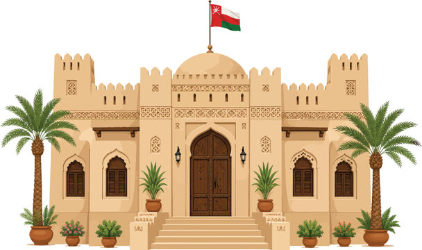 Traditional Omani Fort Palace with National Flag and Palm Trees Flat Vector Illustration