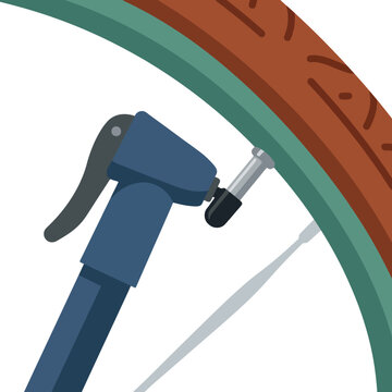 Close up illustration of a blue bicycle pump inflating a brown rubber tire on a green rim.