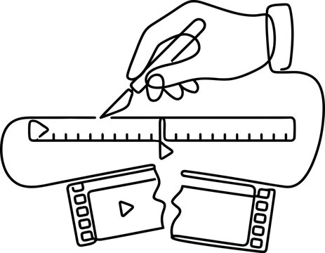 Continuous line art of a hand editing a video film strip with a scalpel.