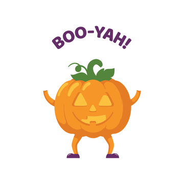 Cheerful cartoon pumpkin character with a jack-o-lantern face and arms raised in a boo-yah pose for a fun and festive halloween holiday celebration