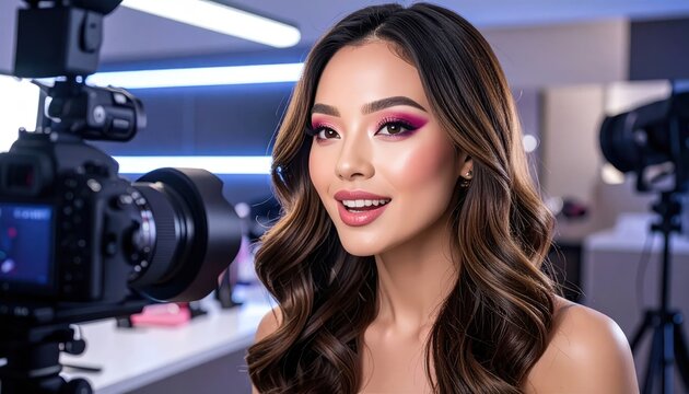 Young Woman with Vibrant Makeup Filming a Beauty Tutorial in a Studio.