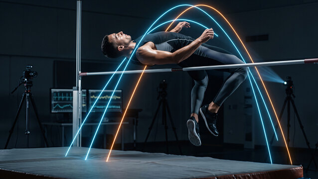 HDR photography of a high jumper clearing a bar projecting glowing neon abstract parabolic motion curves