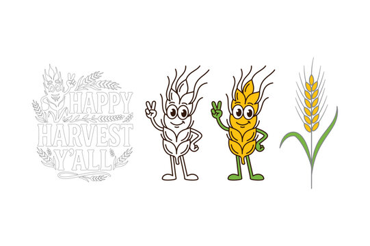 Happy Harvest Yall Autumn Typography with Wheat Mascot and Agriculture Vector Illustration