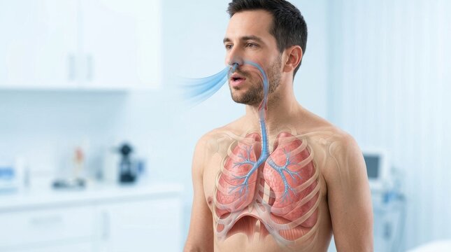 Anatomical illustration of a man's respiratory system showing airflow into the lungs