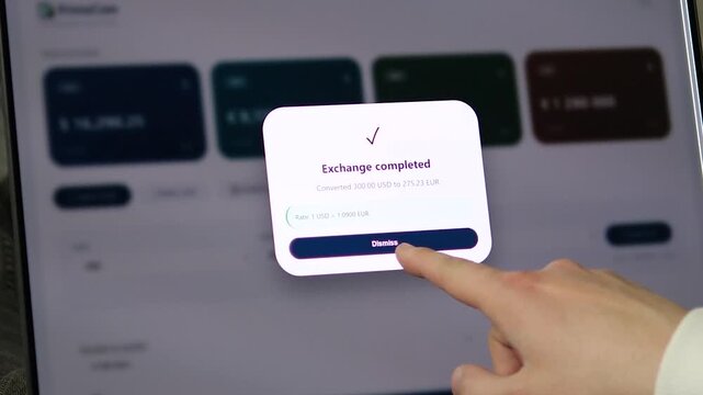 Online banking popup confirming a successful USD to EUR exchange. Perfect for international banking ads and Forex trading platforms.