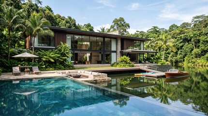 Fototapeta premium Two story tropical waterfront home with pool and boats