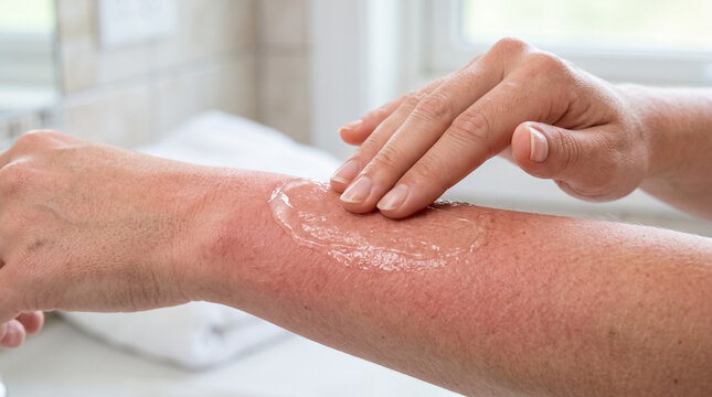 Applying soothing aloe vera gel to a sunburnt red arm, relieving skin inflammation and promoting healing