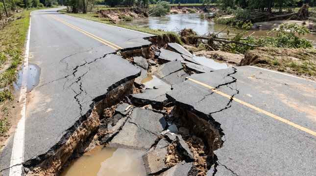 Road collapsing into a muddy river after a severe flood, revealing widespread destruction and infrastructure damage from natural disaster