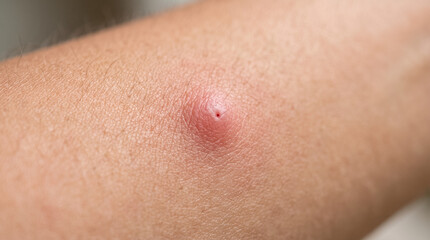 Fototapeta premium Human arm skin showing red inflamed insect bite bump signaling allergy, irritation, or infection