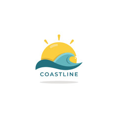 Fototapeta premium Coastline featuring ocean wave and sun with modern typography isolated on white background, for travel and, beach branding