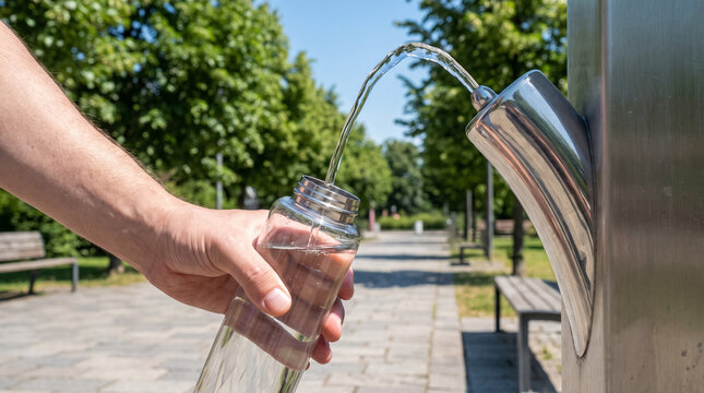 Hand filling clear reusable water bottle from public drinking fountain in park, hydrating on a sunny day
