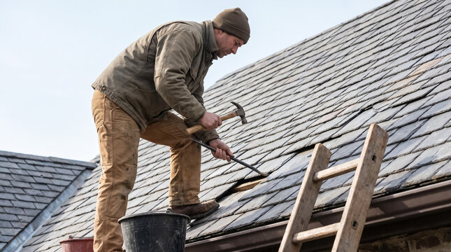 Roofer on slate roof repairing damage, holding hammer and pry bar for house renovation work