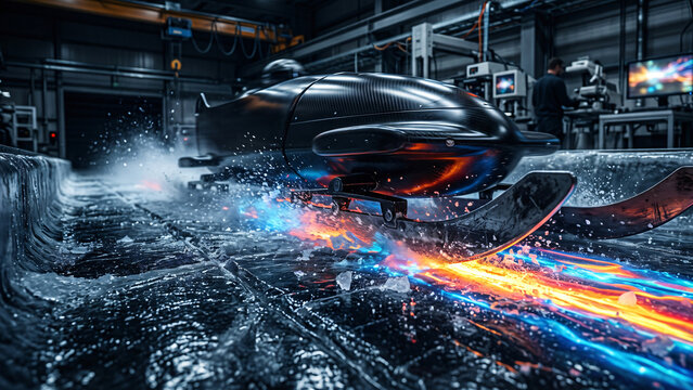 HDR photography of a bobsled slicing ice projecting glowing neon abstract thermal friction gradients