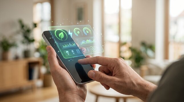 Person interacts with a futuristic smart home energy management app on a smartphone, optimizing sustainable living and monitoring power consumption for an eco-friendly modern residence