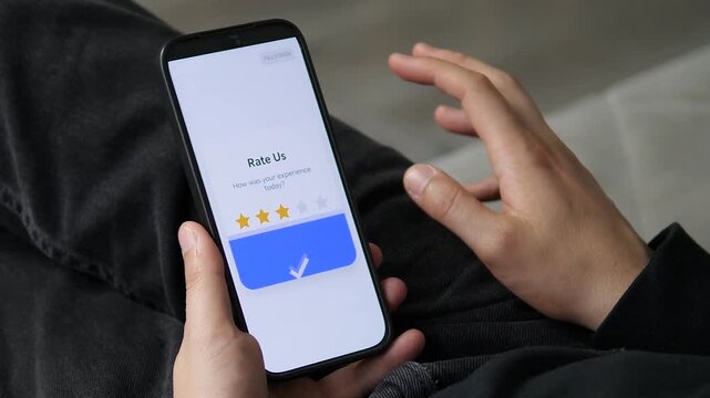 Smartphone displaying fullscreen rating interface asking How was your experience today with send feedback button. Final screen shows thank you message. 