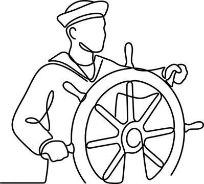 Continuous one line drawing of a sailor steering a ship.