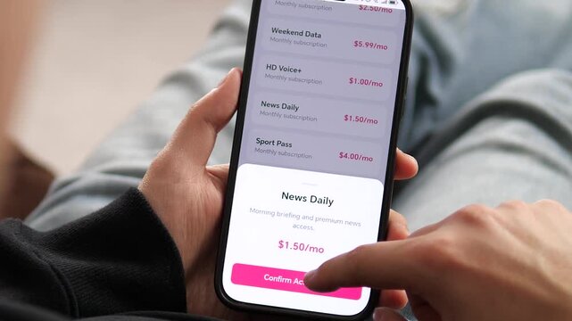 Browsing a list of monthly subscription add-ons on a smartphone. The screen displays Family Share, Unlimited SMS, and Weekend Data options. Perfect for telecom apps, service upgrades, and digital