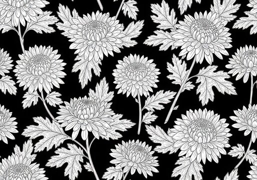 Detailed black and white dandelion pattern on dark background