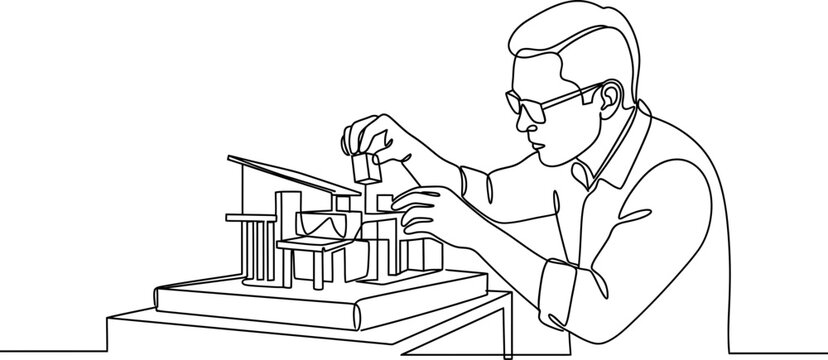 Continuous one line drawing of an architect working on a building model.