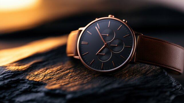 A close-up of a sophisticated watch with a dark dial and brown leather strap on textured rock
