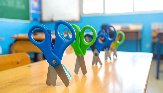 Colorful Kids Scissors Lined Up on Classroom Desk.