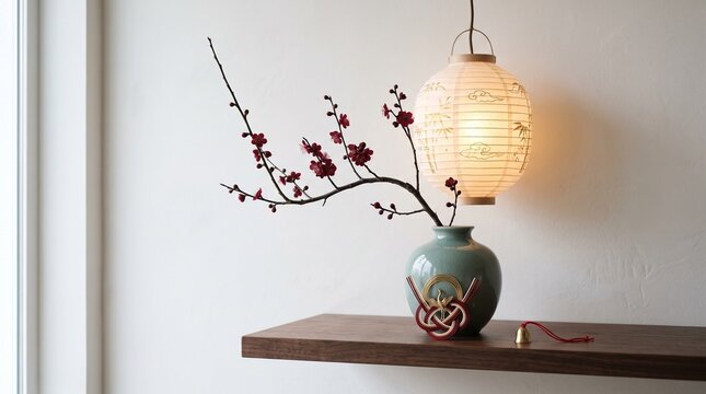 Minimalist Japanese display with plum blossoms in a ceramic vase, a traditional paper lantern, and a decorative mizuhiki knot on a wooden shelf.