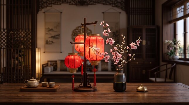 Traditional Chinese scene featuring glowing red lanterns, pink cherry blossoms in a vase, and a ceramic tea set on a dark wooden table.