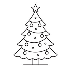 Fototapeta premium Decorated Christmas tree line icon with ornaments and star topper, symbolizing festive celebrations, winter holidays and seasonal decorations, isolated on white background for vector design.