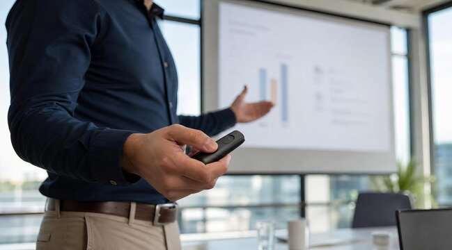 Professional holding presentation clicker in conference room