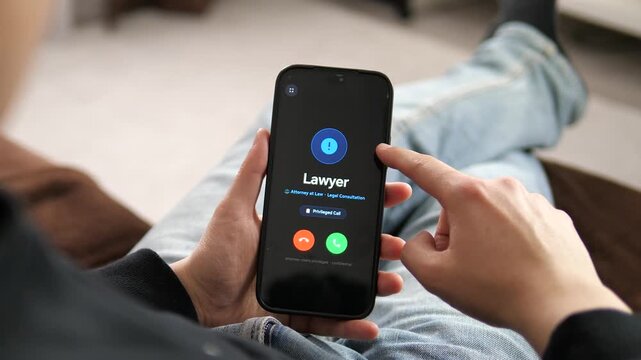Mobile screen showing incoming call from attorney with privileged and confidential status. Clean, professional design. 