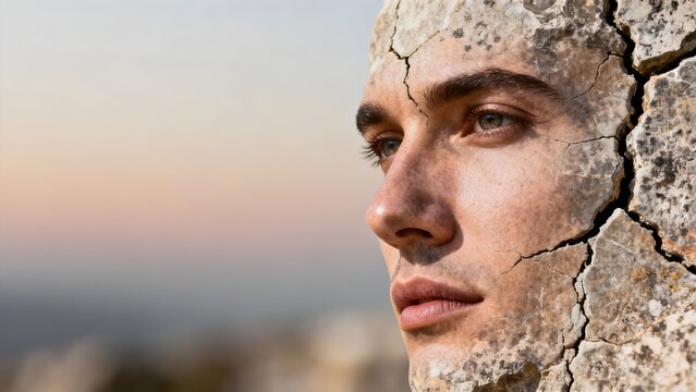 Mans face merging with cracked rock