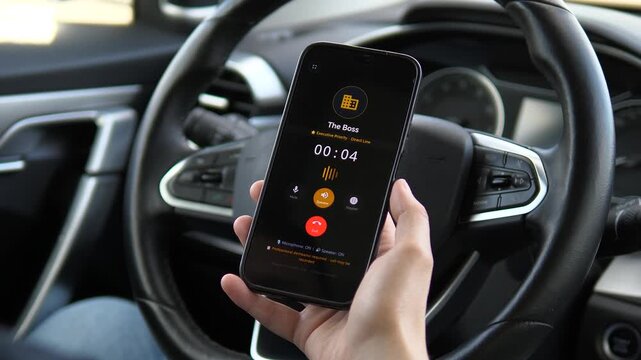 Receiving an incoming call from The Boss on a smartphone. The screen displays a yellow building icon and an Executive Office label. Perfect for corporate visuals, priority communication, and business