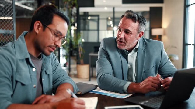 Office, advice and businessmen with tablet, writing and data analysis for investment updates on web. People, talking and meeting with manager, notes and financial forecasting with graphs and report