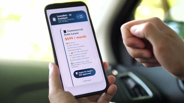 Viewing a Commercial Auto Lease offer from LeaseBot AI. The screen displays 599 dollars month with 0 dollars down and maintenance options. Perfect for fintech, auto leasing, and AI assistant visuals