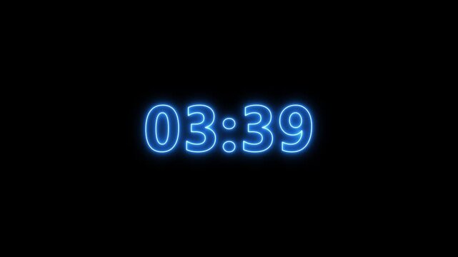 4 minute stopwatch , Analog blue neon clock icon animation on black background with alpha channel . 4 minute neon countdown timer.
