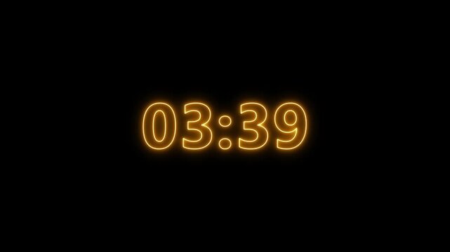 4 minute stopwatch , Analog orange neon clock icon animation on black background with alpha channel . 4 minute neon countdown timer.