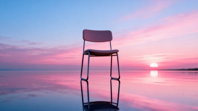 Chair on reflective surface at sunset