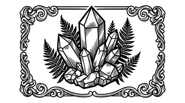 Crystal cluster with botanical leaves vintage engraving frame vector.