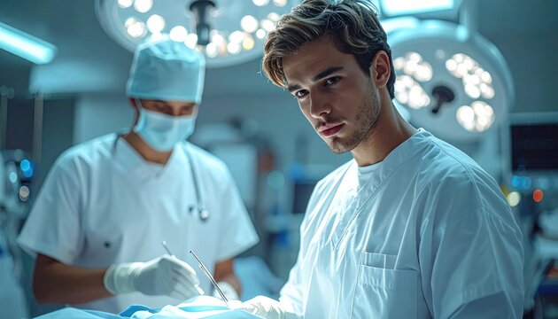 Young Surgeon Focused During Complex Operation Under Bright Surgical Lights.