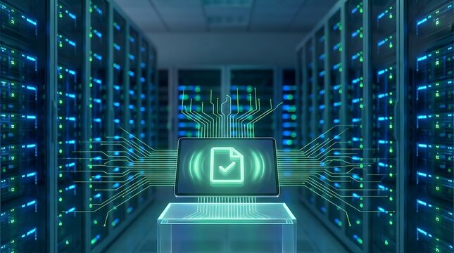 Digital representation of a secure data file floating above a server rack, symbolizing cloud storage, cybersecurity, and advanced network tech